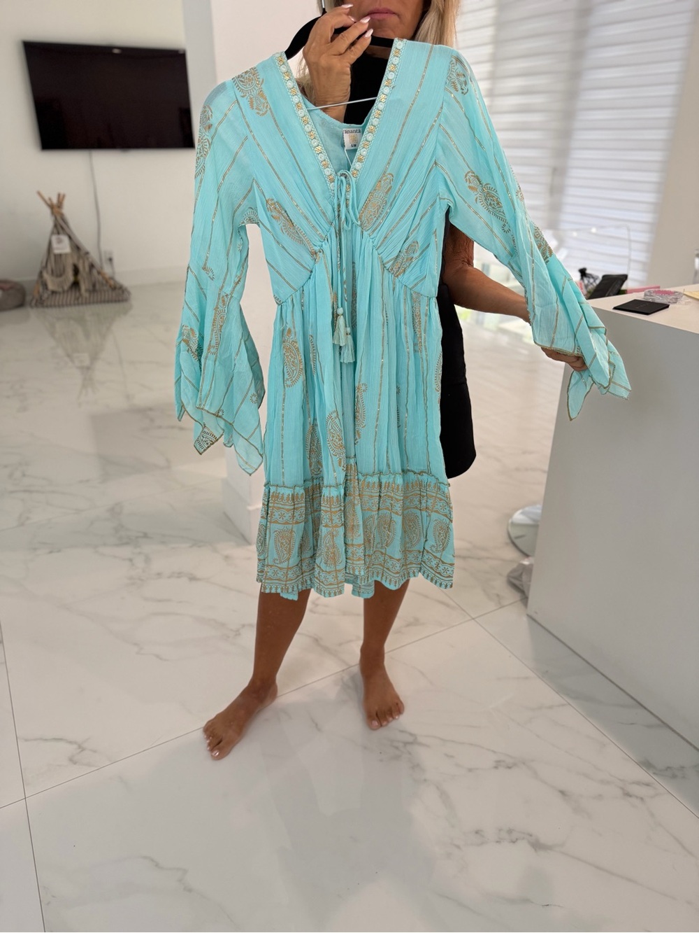Boho bohemian Dress in Aqua with Gold Accents